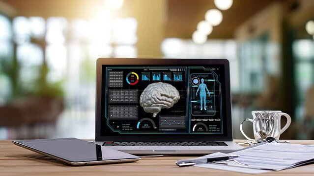 Explore a futuristic Medical UI with AI-driven analysis of medical data, presented dynamically on a holographic screen.
