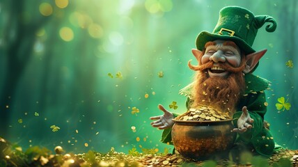Cheerful Leprechaun with Pot of Gold in Mystic Forest - Patrick's Day concept
 - obrazy, fototapety, plakaty