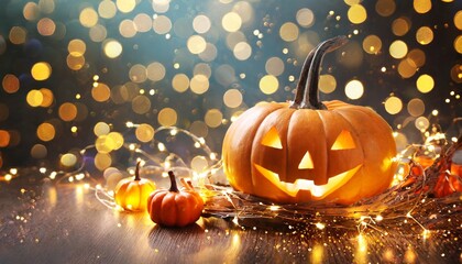 halloween pumpkin with lights and sparkle bokeh background