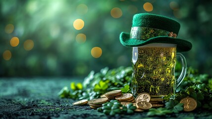 Festive Green Beer and Clover Leaves for St. Patrick's Day Celebration
