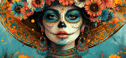 Portrait of a woman wearing Day of the Dead costumes and skull makeup on yellow background, Day of the dead Mexican carnival known as Day of the Dead with Mexican girl, skull and flowers, Generative A