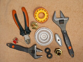 set of tools on a wooden background