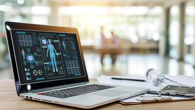 Experience a medical user interface with futuristic medicine infographics and health technology HUD elements in motion. Artificial intelligence analyzes and presents medical 