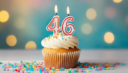 Birthday cupcake with burning lit candle with number 46. Number fourtysix for fourtysix years or fortysixth anniversary.