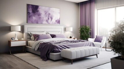 Modern bedroom with retro chic style furniture, a combination of purple and white, grey pillows on the bed