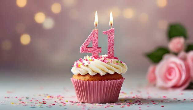 Birthday cupcake with burning lit candle with number 41. Number fortyone for fortyone years or fortyfirst anniversary.