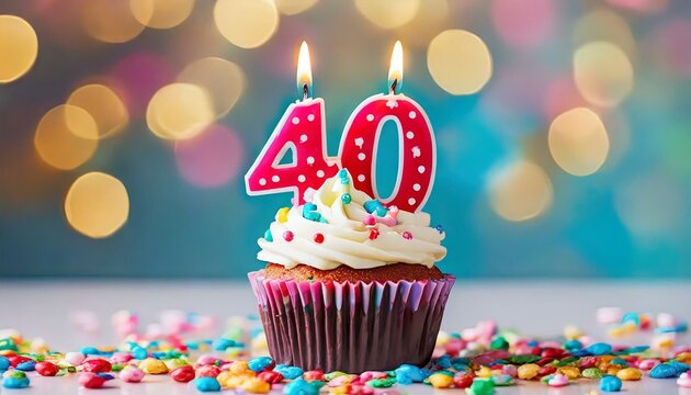 Birthday cupcake with burning lit candle with number 40. Number thirtynine for thirtynine years or thirtyninth anniversary.