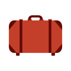 Red suitcase with handle. Luggage for traveling by plane, train, car and bus. Retro design. Leather accessory for hand luggage. Flat vector illustration