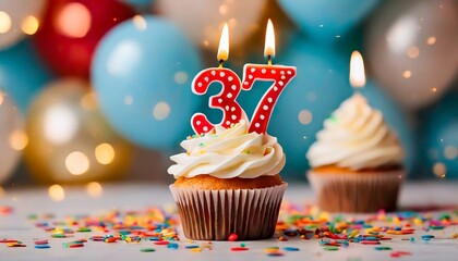 Birthday cupcake with burning lit candle with number 37. Number thirtyseven for thirtyseven years or thirtyseventh anniversary.
