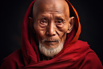 An Elderly Tibetan Monk, wisdom in eyes, traditional maroon robes.
