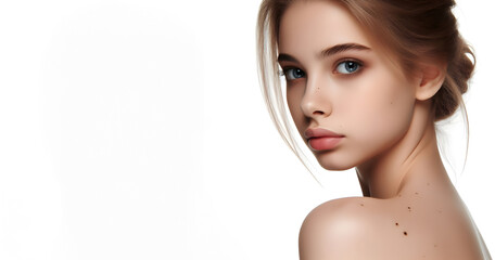 Obraz premium Young woman with some moles on the skin of her face and shoulders. Concept of skin care, prevention, sun protection, cosmetics, cancer and melanoma risk, epidermis. Banner image on white background.