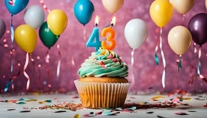 Birthday cupcake with burning lit candle with number 43. Number fortythree for fortythree years or fortythird anniversary. - obrazy, fototapety, plakaty