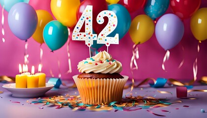 Birthday cupcake with burning lit candle with number 42. Number fortytwo for fortytwo years or fortysecond anniversary. - obrazy, fototapety, plakaty