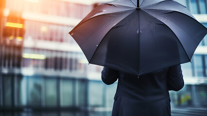 Businessman with umbrella standing in the rain.