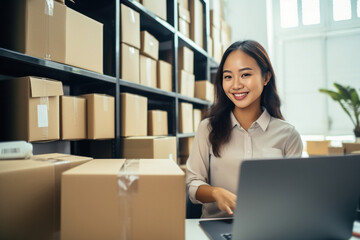 Asian happy woman at the office preparing boxes and delivering sales. Concept of Selling products online.