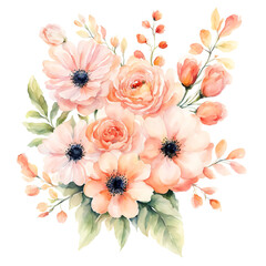 a bouquet of beautiful flowers. preparation for spring holidays, birthday, Valentine's Day, mother's Day. peach color of the year. watercolor illustration. artificial intelligence generator