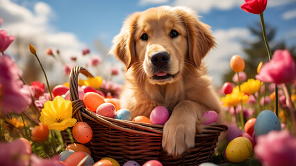 Happy dog with easter eggs in basket.