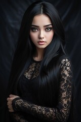  Photo of 18 years old woman,  beautiful eyes and perfect face black eyes. long black hair on covering her body