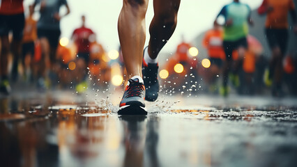 A group of marathon runners run in the rain.