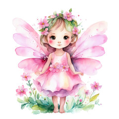 Fototapeta premium cute little fairy, forest princess, beautiful girl. watercolor illustration. artificial intelligence generator, AI, neural network image. background for the design.
