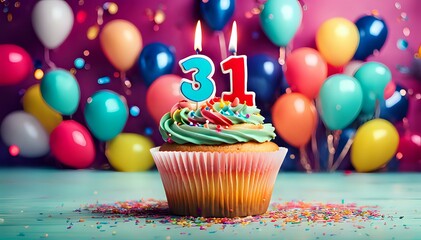 Birthday cupcake with burning lit candle with number 31. Number thirtyone for thirtyone years or thirtyfirst anniversary. - obrazy, fototapety, plakaty