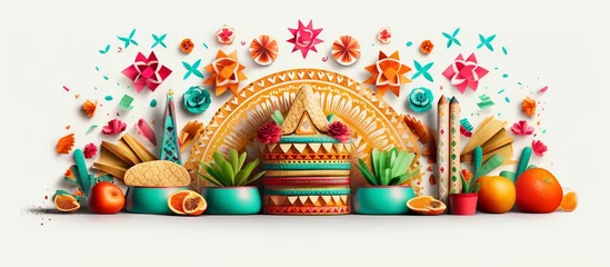 Fotobehang Mexican Cinco de Mayo holiday background with mexican cactus,guitars, sombrero hat, maracas, Bright yellow flat lay with traditional © MUCHIB