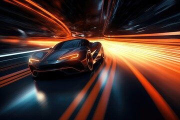 Fototapeta premium High speed Cars on the road in tunnels and light glowing Speeding Through the Light: Futuristic Sport non-existent concept Ai generated