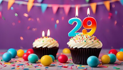 Birthday cupcake with burning lit candle with number 29. Number twentynine for twentynine years or twentynineth anniversary.