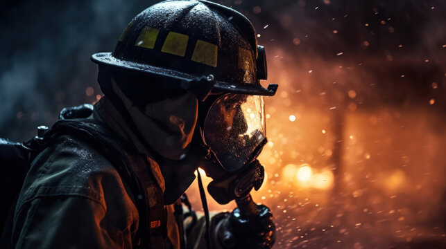 Close up of Fireman using water and extinguisher to fighting with fire flame.
