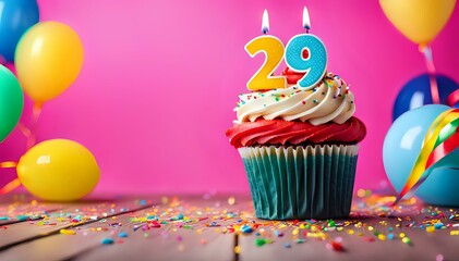 Fototapeta na wymiar Birthday cupcake with burning lit candle with number 29. Number twentynine for twentynine years or twentynineth anniversary.
