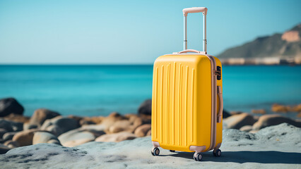 Suitcase on sand beach. summer travel concept.