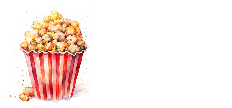 popcorn in a glass, corn, snack at the cinema. watercolor illustration. artificial intelligence generator, AI, neural network image. background for the design.
