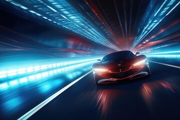 High speed Cars on the road in tunnels and light glowing Speeding Through the Light: Futuristic...