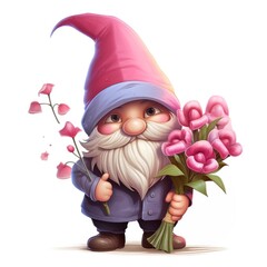 Cute 3D Garden Gnome with Heart hand drawn Illustration, Valentines day. Funny emotion gnome for interior design, greeting card, postcard, brochure, phone case, kids, package, sticker, patch