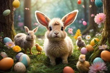 Easter bunny and easter eggs in green grass with flowers. Happy Easter. Generative AI - Powered by Adobe