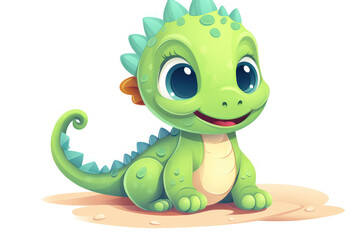 Cute 3D amusing little dinosaur with big eyes kids cartoon illustration isolated on white. Funny lovely dinosaur, hand drawn comic painting for package, postcard, brochure, book, greeting card