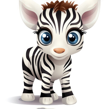 Cute 3D amusing little zebra with big eyes kids cartoon illustration isolated. Funny lovely zebra, hand drawn comic painting for package, postcard, brochure, book, greeting card