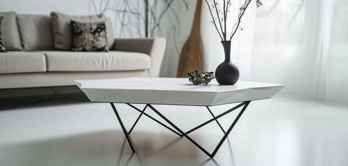 Irresistible charm--pentagonal design, matte white wooden surface, black metal legs on white.