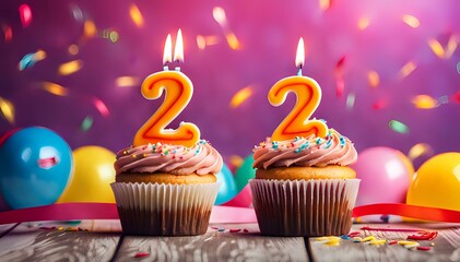 Birthday cupcake with burning lit candle with number 22. Number twentytwo for twentytwo years or...