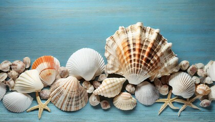 seashells on light blue background