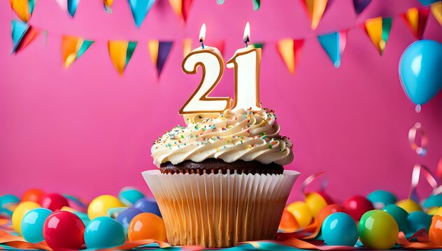 Birthday cupcake with burning lit candle with number 21. Number twentyone for twentyone years or twentyfirst anniversary.