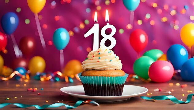 Birthday cupcake with burning lit candle with number 18. Number eighteen for eighteen years or eighteenth anniversary.