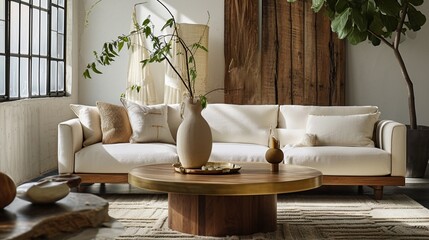 Ivory-colored sofa, wooden table with brass inlays, matte porcelain vase.