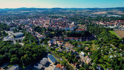 Aerial view of the old town of the city Bautzen in Germany on a late spring day around noon.