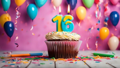 Birthday cupcake with burning lit candle with number 16. Number sixteen for sixteen years or sixteenth anniversary. - Powered by Adobe