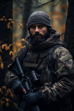 Portrait soldier or private military contractor holding sniper rifle. war, army, weapon, technology and people concept.