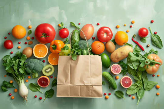 Grupo De Frutas Y Verduras Colocadas Alrededor De Una Bolsa De Compra De Papel Marrón, Sobre Fondo Verde