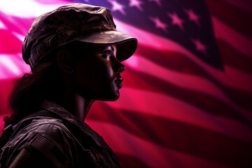 Memorial Day, Independence Day. Portrait of a female soldier in uniform removing a cap, against the...