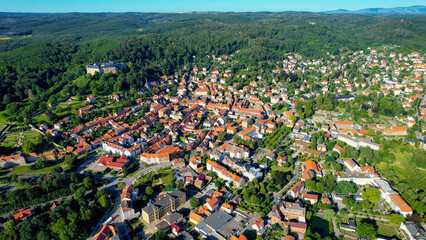 Aerial view of the old town of the city Blankenburg in Germany on a spring day in early morning.