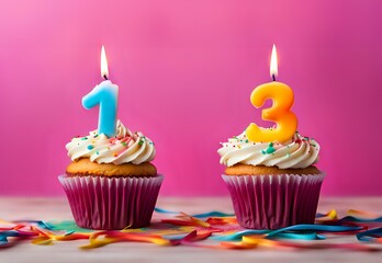 Birthday cupcake with burning lit candle with number 13. Number Thirteen for Thirteen years or thirteenth anniversary.
